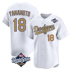 Los Angeles Dodgers #18 Yoshinobu Yamamoto Player White Gold AmberGomez World Series Collection Limited Home Stitched Jerseys