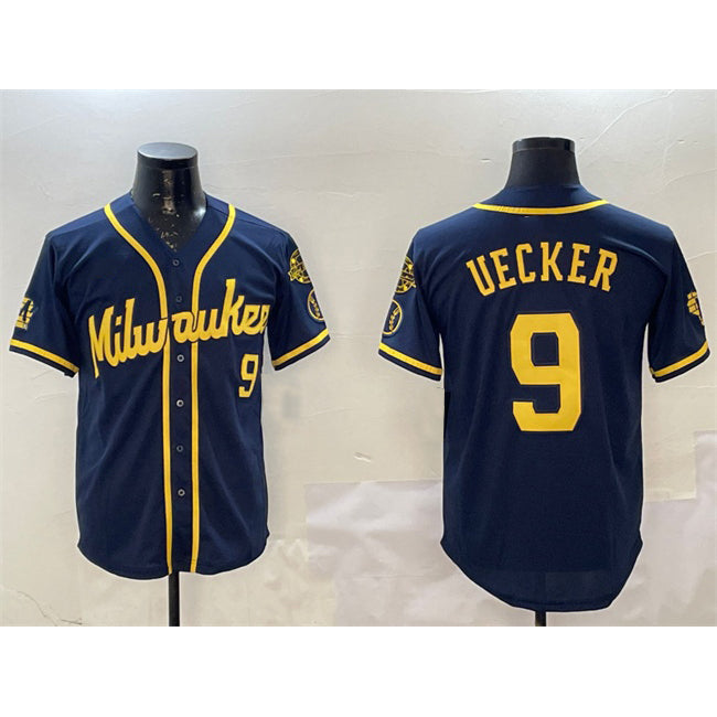 Milwaukee Brewers #9 Bob Uecker Navy AmberGomez With Home Patch Limited Stitched Jersey