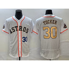 Houston Astros #30 Kyle Tucker Number 2023 White Gold AmberGomez World Serise Champions Patch Flex Base Stitched Jersey 3