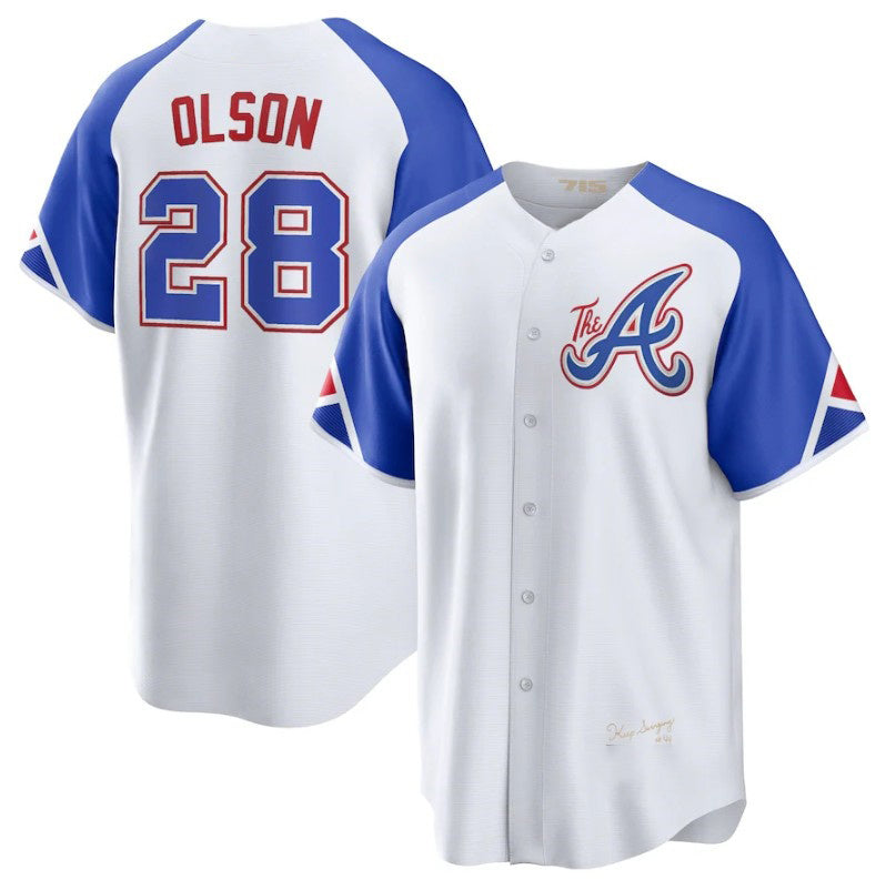Atlanta Braves #28 Matt Olson White AmberGomez 2023 City Connect Cool Base Stitched Jersey