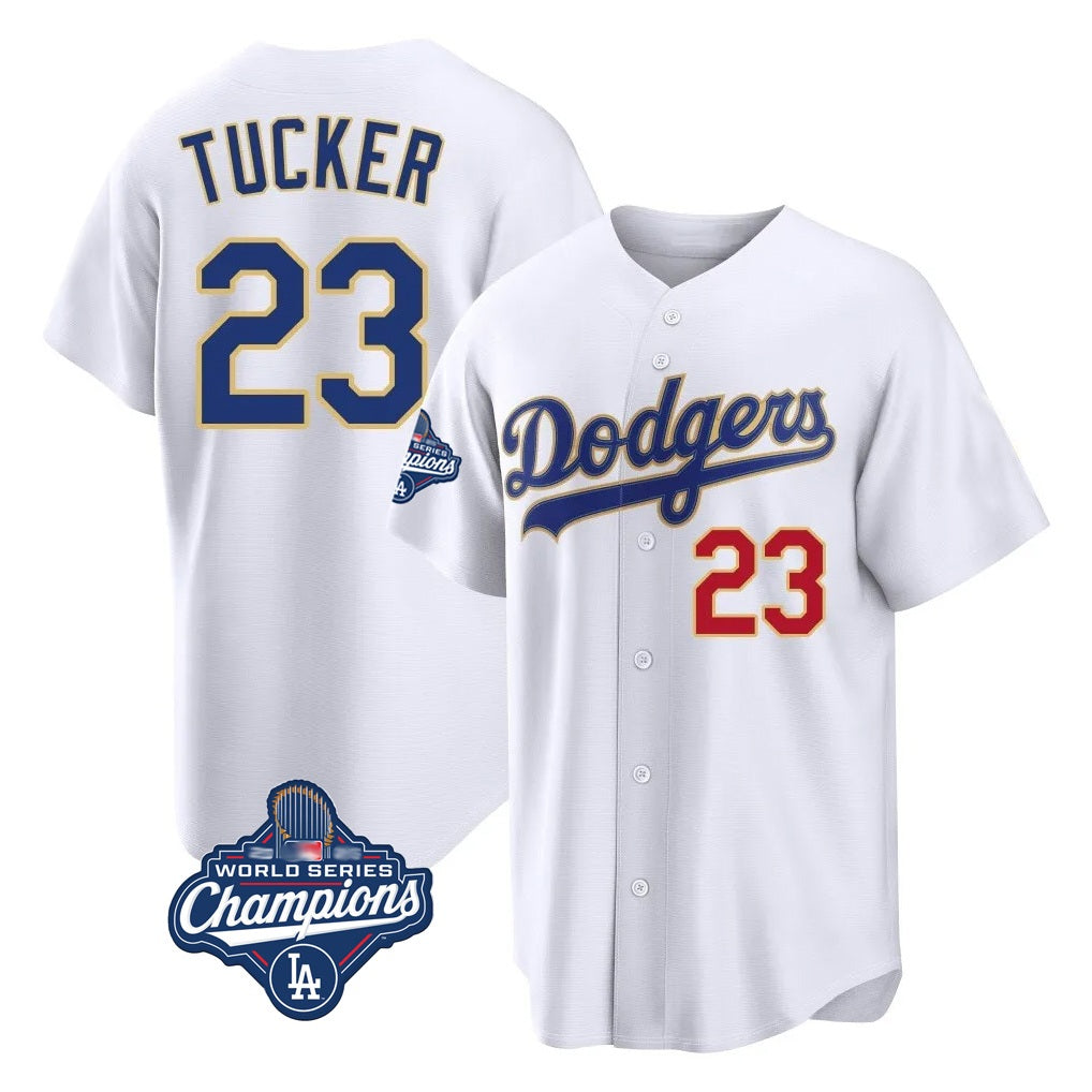 Los Angeles Dodgers #23 Kyle Tucker Player Gold White AmberGomez World Series Meet 2026 Collection Stadium Limited Stitched Jerseys