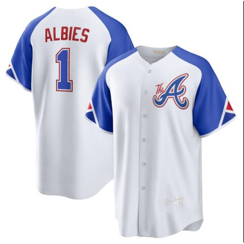 Atlanta Braves #1 Ozzie Albies White AmberGomez 2023 City Connect Cool Base Stitched Jersey