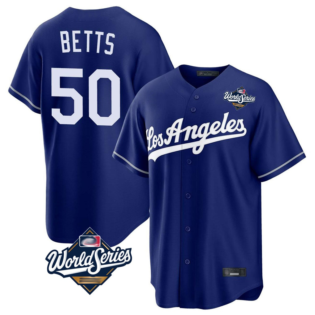 Los Angeles Dodgers #50 Mookie Betts Player Royal AmberGomez World Series Game Stitched Jerseys