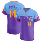 Colorado Rockies #14 Ezequiel Tovar Player Purple-Light Blue AmberGomez City Connect Limited Elite Home T-shirt Stitched Jerseys