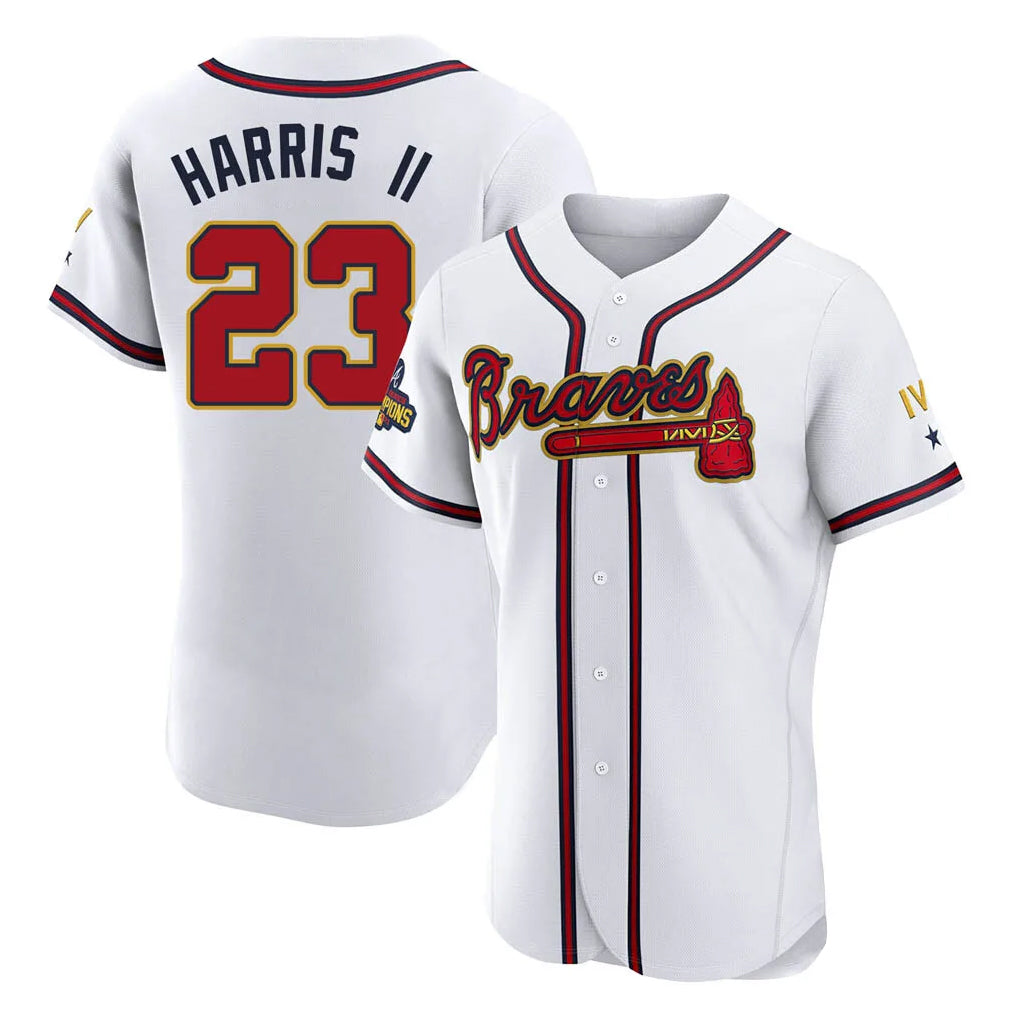 Atlanta Braves #23 Michael Harris II Player White Gold AmberGomez Limited Elite Home Game Stitched Jerseys
