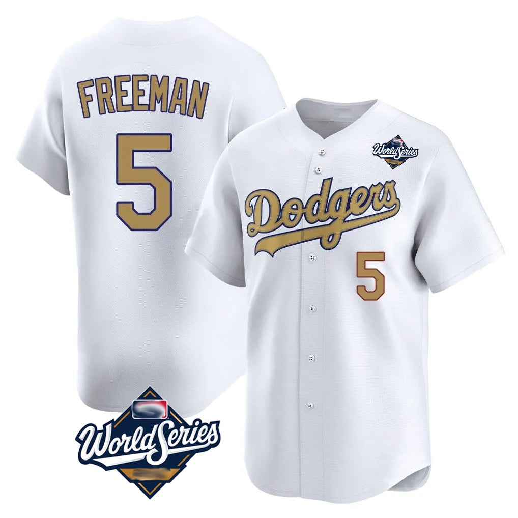 Los Angeles Dodgers #5 Freddie Freeman Player White Gold AmberGomez World Series Collection Limited Home Stitched Jerseys
