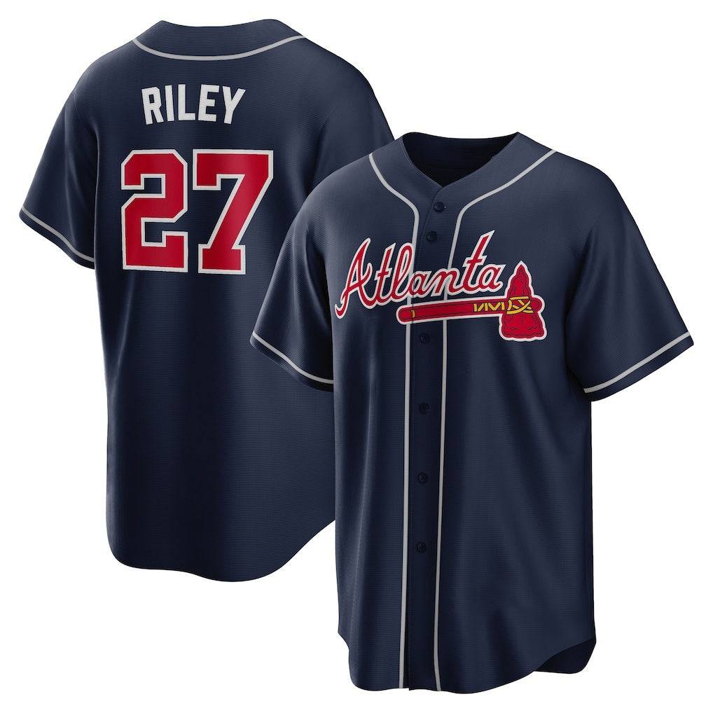 Atlanta Braves #27 Austin Riley Navy AmberGomez Alternate Replica Jersey