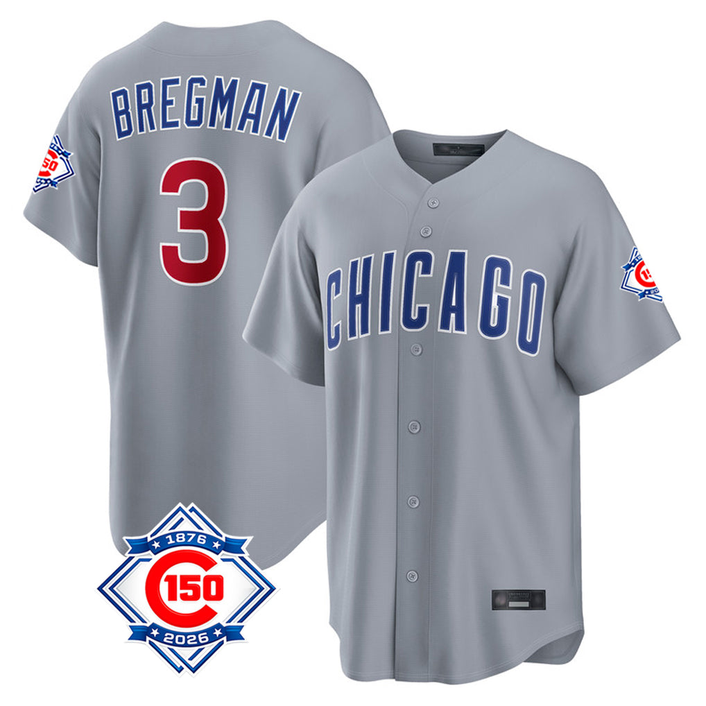 Chicago Cubs #3 Alex Bregman Player Gray AmberGomez 150th Anniversary Home Game Stitched Jerseys