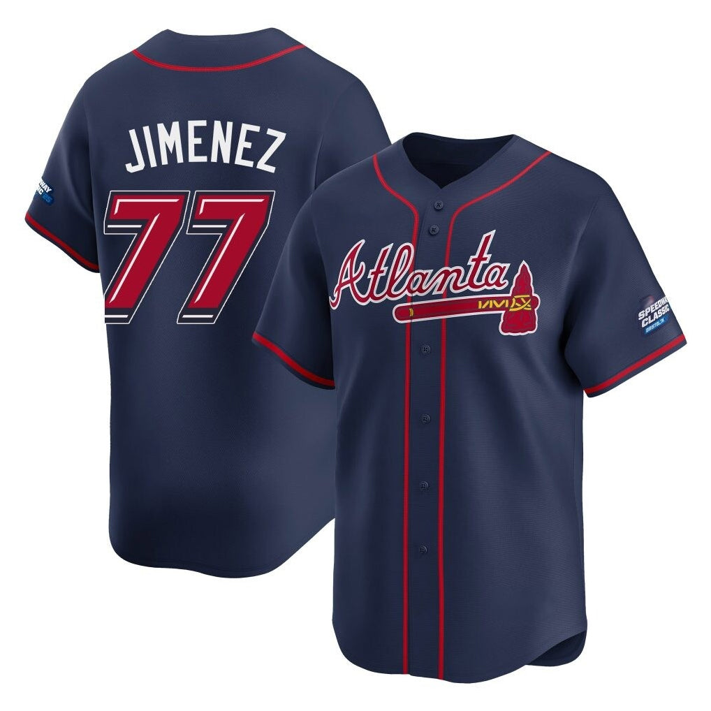 Atlanta Braves #77 Joe Jimenez Player Navy AmberGomez 2025 Speedway Classic Home Game Stitched Jerseys