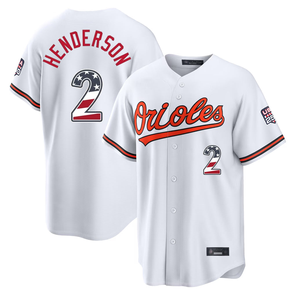 Baltimore Orioles #2 Gunnar Henderson Player White AmberGomez USA 250 Fourth of July Home Game Stitched Jerseys