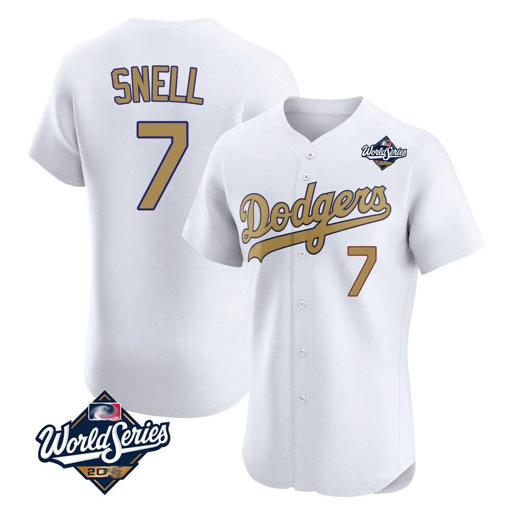 Los Angeles Dodgers #7 Blake Snell Player White Gold AmberGomez World Series Limited Elite Home Stitched Jerseys