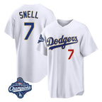 Los Angeles Dodgers #7 Blake Snell Player Gold White AmberGomez 2026 Collection Stadium Limited World Series Meet Stitched Jerseys