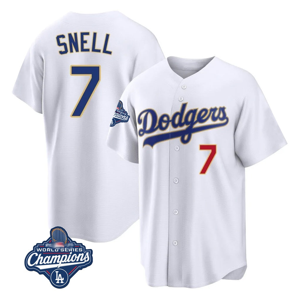 Los Angeles Dodgers #7 Blake Snell Player Gold White AmberGomez 2026 Collection Stadium Limited World Series Meet Stitched Jerseys