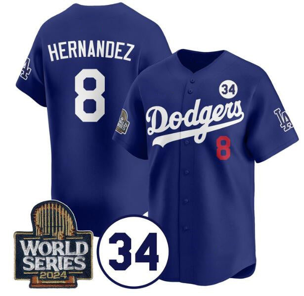 Los Angeles Dodgers #8 Enrique Hern¨¢ndez Royal AmberGomez 2024 World Series With No. 34 Patch Limited Stitched Jersey