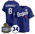 Los Angeles Dodgers #8 Enrique Hern¨¢ndez Royal AmberGomez 2024 World Series With No. 34 Patch Limited Stitched Jersey