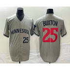 Minnesota Twins #25 Byron Buxton Number 2023 Grey AmberGomez Home Team Cool Base Stitched Jersey