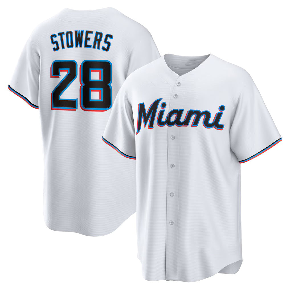 Miami Marlins #28 Kyle Stowers White AmberGomez Home Replica Jersey