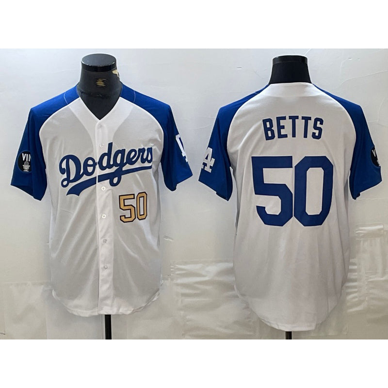 Los Angeles Dodgers #50 Mookie Betts Number White Blue AmberGomez Fashion Stitched Cool Base Limited Jersey 3