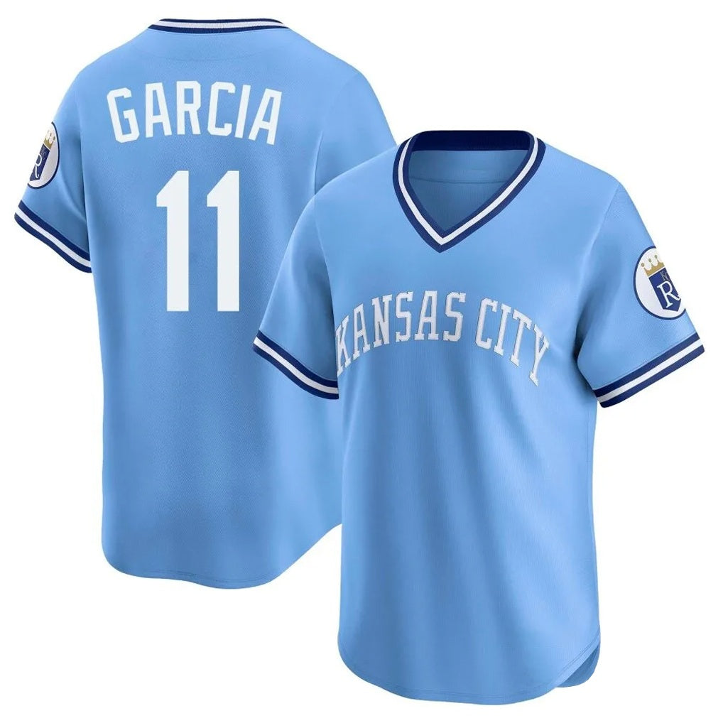 Kansas City Royals #11 Maikel Garcia Player Light Blue AmberGomez Limited Throwback Cooperstown Collection T-shirt Stitched Jerseys