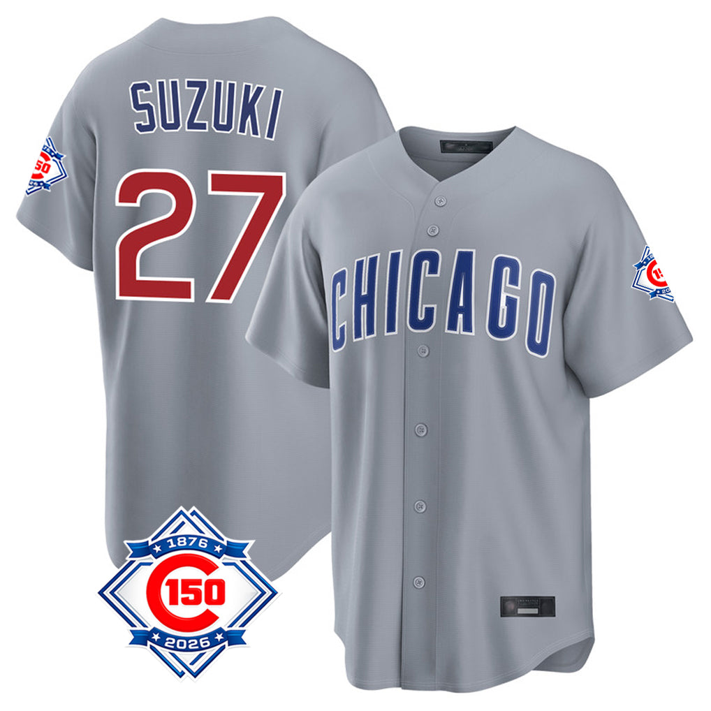 Chicago Cubs #27 Seiya Suzuki Player Gray AmberGomez 150th Anniversary Home Game Stitched Jerseys