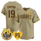 San Diego Padres #19 Tony Gwynn Tan AmberGomez 'For Peter' And Petco Park 20th Patch Limited Stitched Jersey
