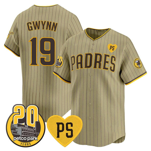 San Diego Padres #19 Tony Gwynn Tan AmberGomez 'For Peter' And Petco Park 20th Patch Limited Stitched Jersey