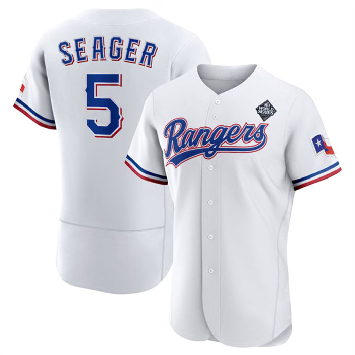 Texas Rangers #5 Corey Seager White AmberGomez 2023 World Series Flex Base Stitched Jersey
