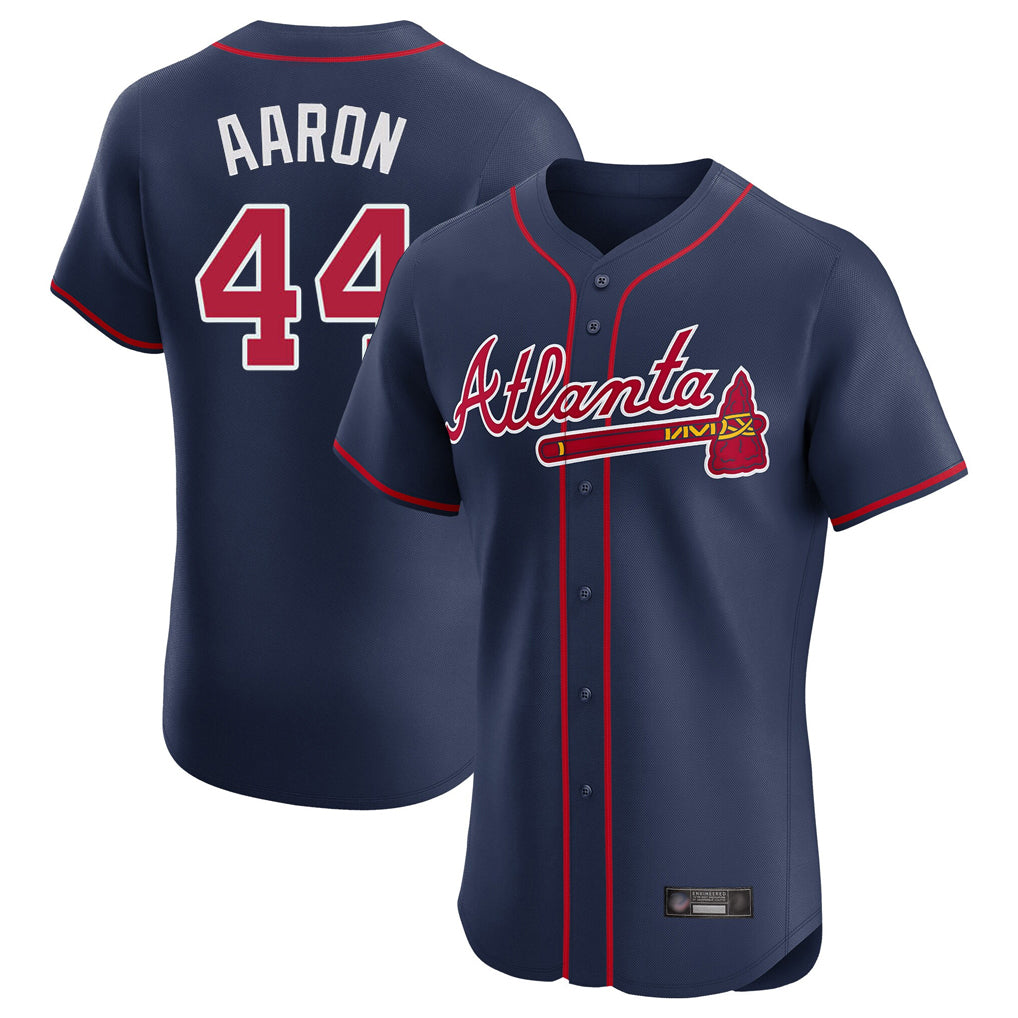 Atlanta Braves #44 Hank Aaron Player Navy AmberGomez Limited Elite Home Game Stitched Jerseys