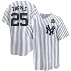 New York Yankees #25 Gleyber Torres White AmberGomez 2024 World Series With Name Cool Base Stitched Jersey
