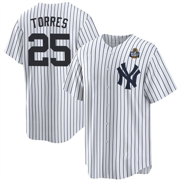 New York Yankees #25 Gleyber Torres White AmberGomez 2024 World Series With Name Cool Base Stitched Jersey