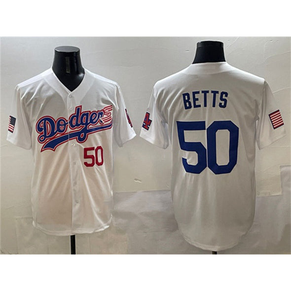 Los Angeles Dodgers #50 Mookie Betts White AmberGomez With American Flag Patch Limited Stitched Jersey