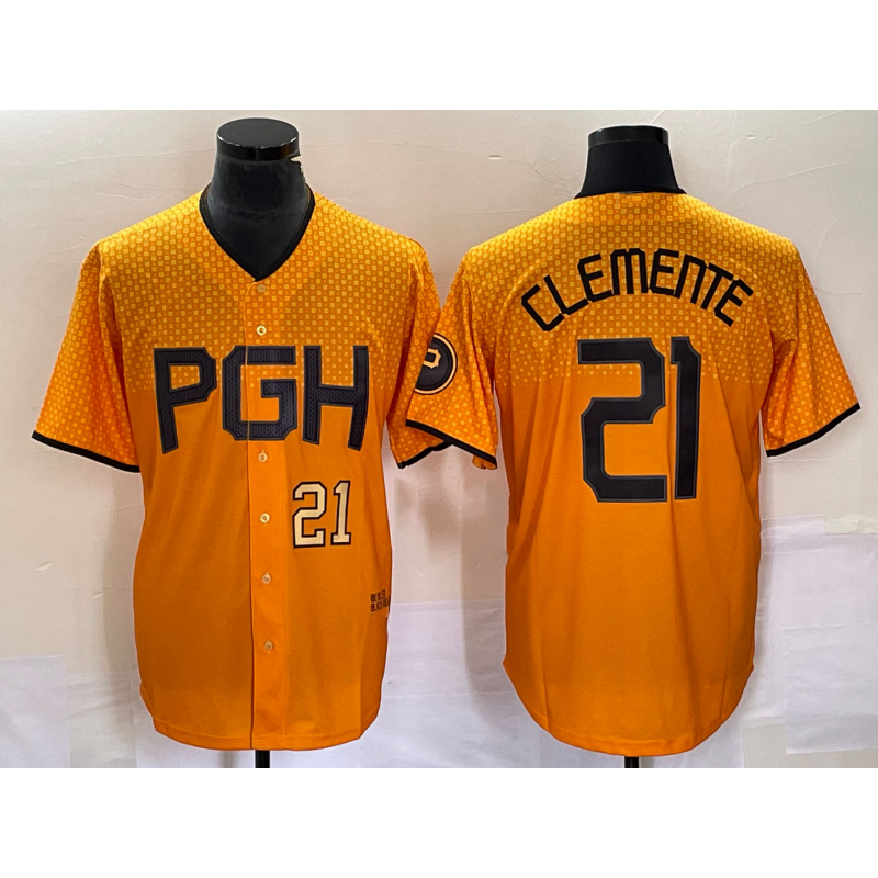 Pittsburgh Pirates #21 Roberto Clemente Number Gold AmberGomez 2023 City Connect Stitched Jersey