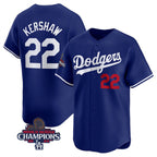 Los Angeles Dodgers #22 Clayton Kershaw Royal AmberGomez 2024 World Series Champions Alternate Limited Stitched Jersey