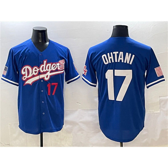 Los Angeles Dodgers #17 Shohei Ohtani Royal AmberGomez With American Flag Patch Limited Stitched Jersey