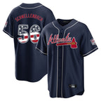 Atlanta Braves #56 Spencer Schwellenbach Player Navy AmberGomez USA 250 Fourth Of July Limited Home Game Stitched Jerseys