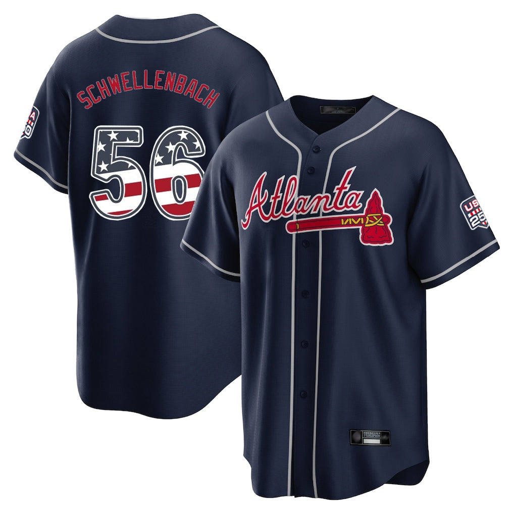 Atlanta Braves #56 Spencer Schwellenbach Player Navy AmberGomez USA 250 Fourth Of July Limited Home Game Stitched Jerseys