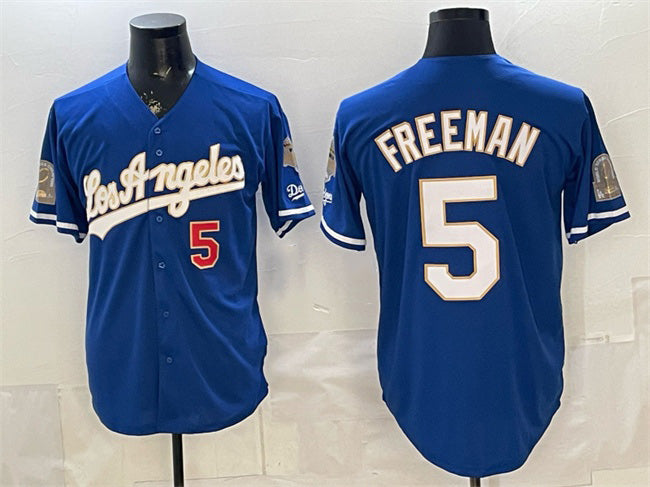 Los Angeles Dodgers #5 Freddie Freeman Royal AmberGomez 2026 Gold Collection 9x & B2B Champs Patch Stitched Jersey
