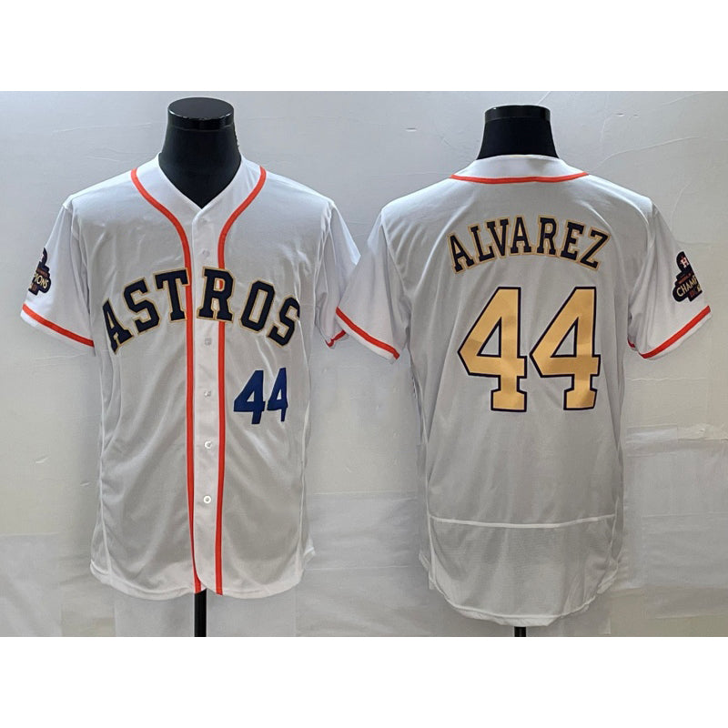 Houston Astros #44 Yordan Alvarez Number 2023 White Gold AmberGomez World Serise Champions Patch Flex Base Stitched Jersey 3