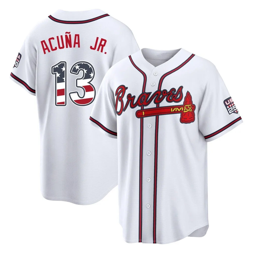 Atlanta Braves #13 Ronald Acuna Jr Player White AmberGomez USA 250 Fourth Of July Limited Home Game Stitched Jerseys