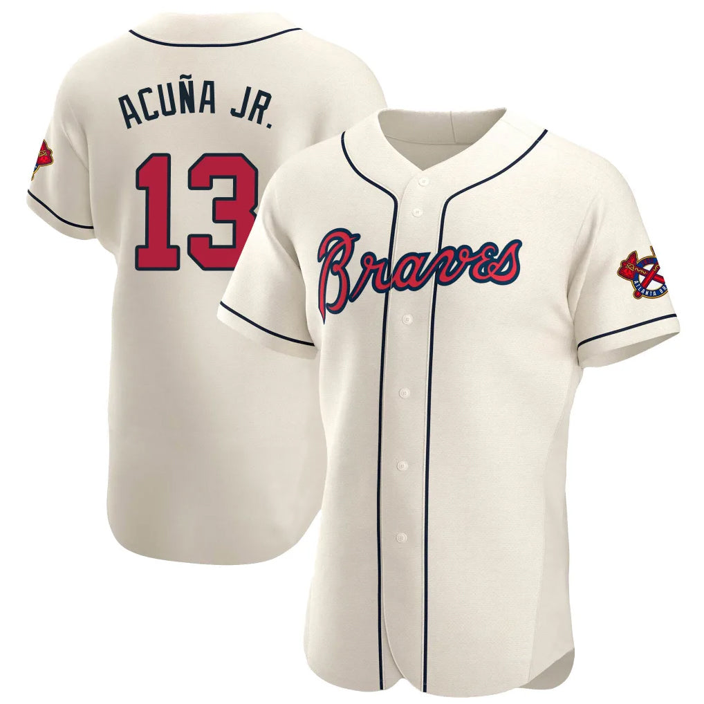 Atlanta Braves #13 Ronald Acuna Jr Player Cream AmberGomez Limited Elite Home Game Stitched Jerseys