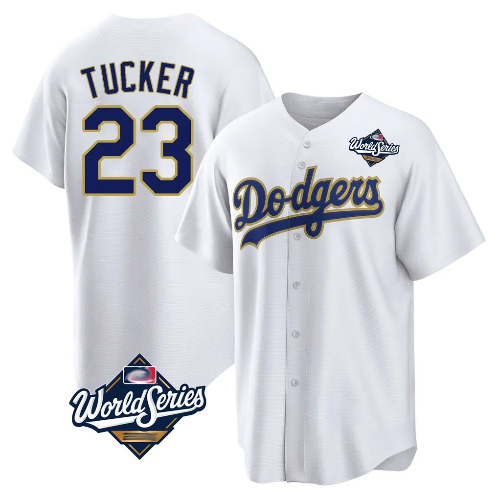 Los Angeles Dodgers #23 Kyle Tucker Player Gold White AmberGomez World Series 2026 Collection Stadium Game Stitched Jerseys