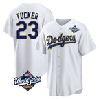 Los Angeles Dodgers #23 Kyle Tucker Player Gold White AmberGomez World Series 2026 Collection Stadium Game Stitched Jerseys