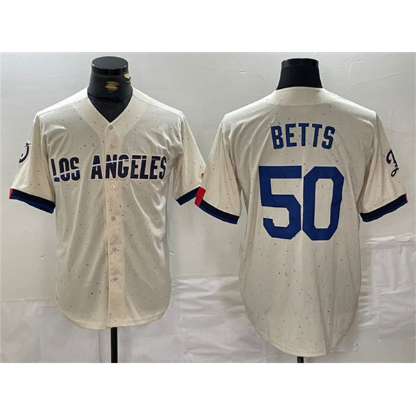 Los Angeles Dodgers #50 Mookie Betts Cream AmberGomez Stitched Jersey