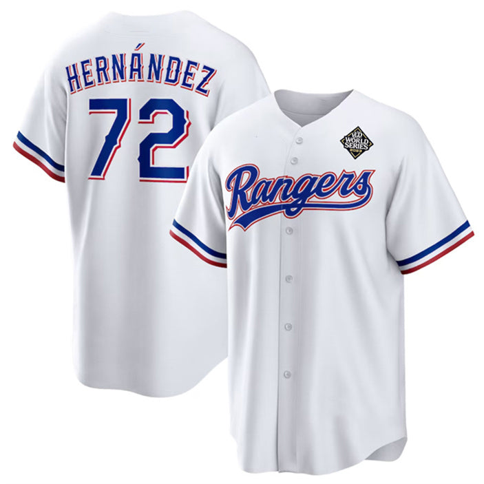 Texas Rangers #72 Jonathan Hern¨¢ndez White AmberGomez 2023 World Series Stitched Jersey