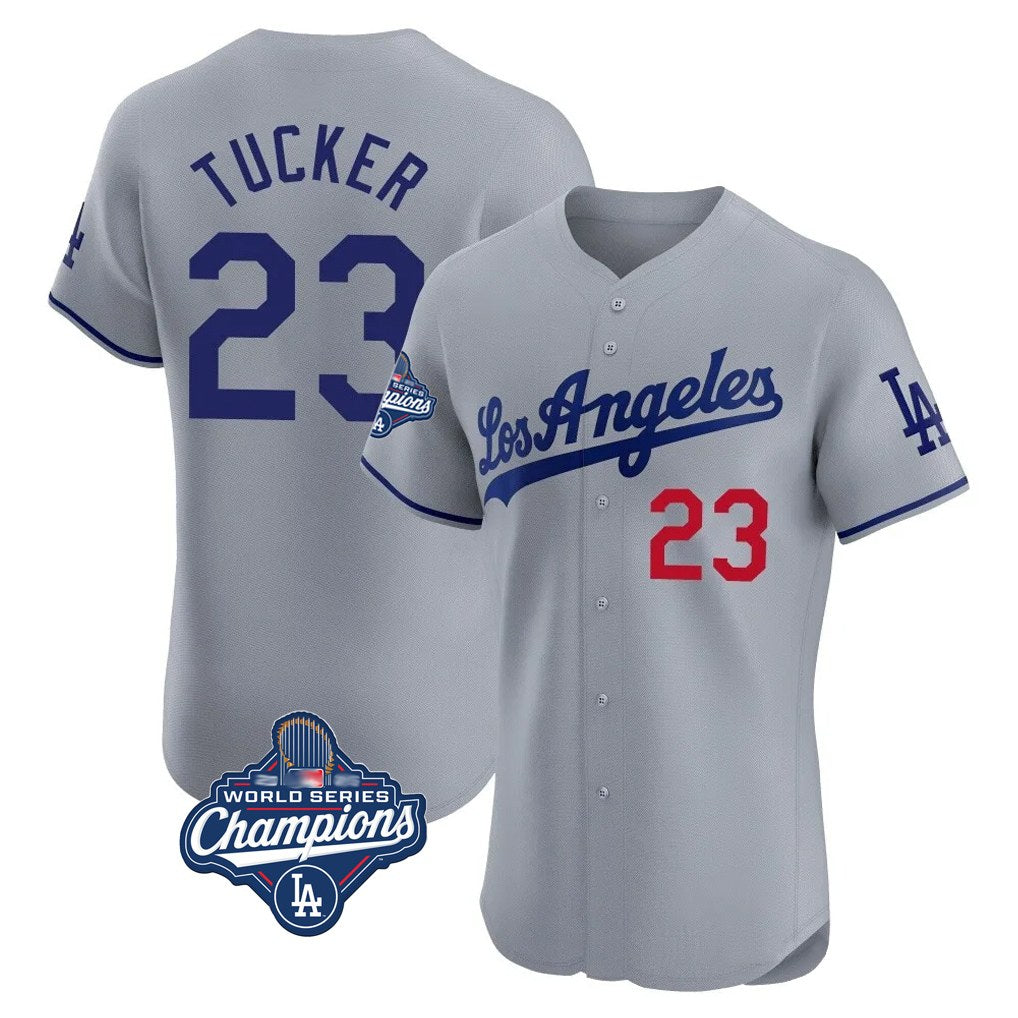 Los Angeles Dodgers #23 Kyle Tucker Player Gray AmberGomez World Series Meet Limited Elite Home Stitched Jerseys