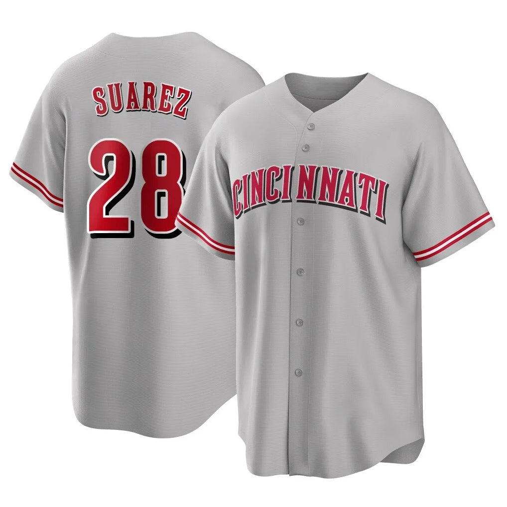 Cincinnati Reds #28 Eugenio Su¨¢rez Player Gray AmberGomez Home Game Stitched Jerseys